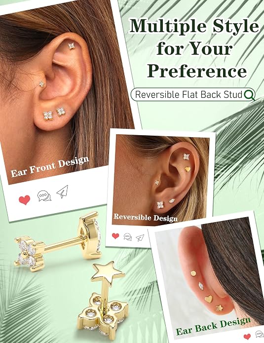 Drperfect 18G Reversible Flat Back Stud Earrings for Women Hypoallergenic Surgical Steel 14K Gold Silver Plated Internal Thread Stud Piercing Jewelry for Tragus Helix Cartilage Conch Piercing
