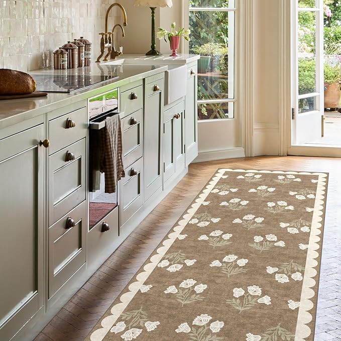 Non Slip Washable Hallway Runner Rug - 2.5x10 Long Tan Kitchen Runner Rug Soft Boho Runners for Hallways Cottage Floral Scalloped Area Rug for Bedroom Entryway Foyer Bathroom Double Vanity