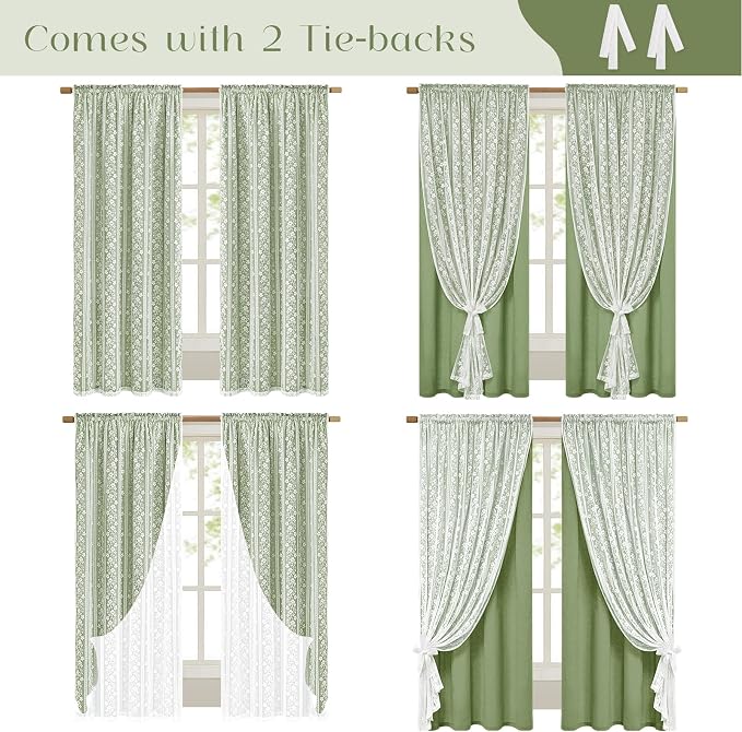 ASPMIZ Linen Curtains for Living Room Double Layer Curtains with Linen Lace, Sage Green Curtain for Bedroom Light Filtering, Rod Pocket Drapes 63 Inch Length 2 Panels Set with 2 Tiebacks, 52x63