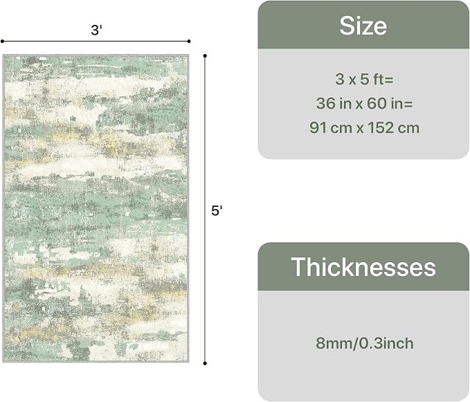 GENIMO 3x5 Area Rug for Entryway Washable, Modern Abstract Small Rugs for Hallway Living Room, Bedroom Beside, Non-Slip Low Pile Lightweight Soft Carpet, Light Green