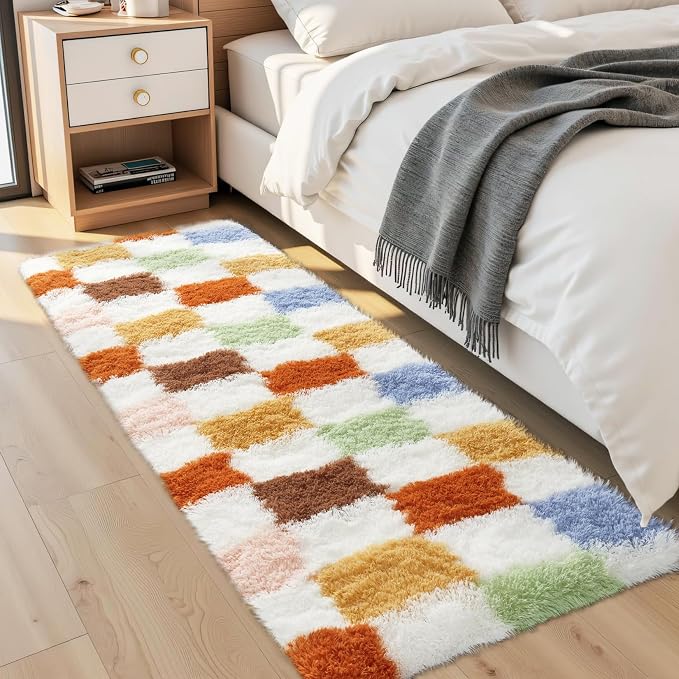 Garvee Checkered Runner Rug 2x6 Plush Fuzzy Rugs for Bedroom Hallway, Colorful Modern Shag Rug Super Soft Runner Carpet Washable Plush Fuzzy Rugs for Living Room Bedside Sofa Home Dorm Decor Aesthetic