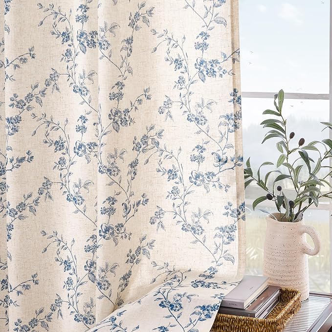 Lazzzy Blue Floral Linen Curtains 63 Inch Farmhouse Back Tab Drapes for Living Room Bedroom Light Filtering Vintage Grandmillennial Rod Pocket Curtains, 2 Panels, W38 x L63, Blue on Beige