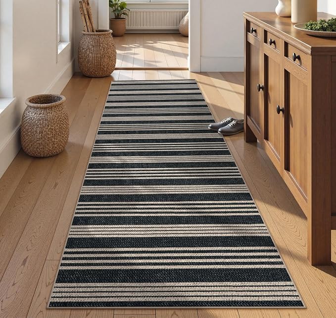 Lahome Striped Easy Jute Kitchen Runner Rug, 2x8 Washable Outdoor Rugs | Black Non Slip Indoor Entryway Runners, Modern Farmhouse Neutral Non Shedding Carpet for Hallway Porch Foyer Laundry Room
