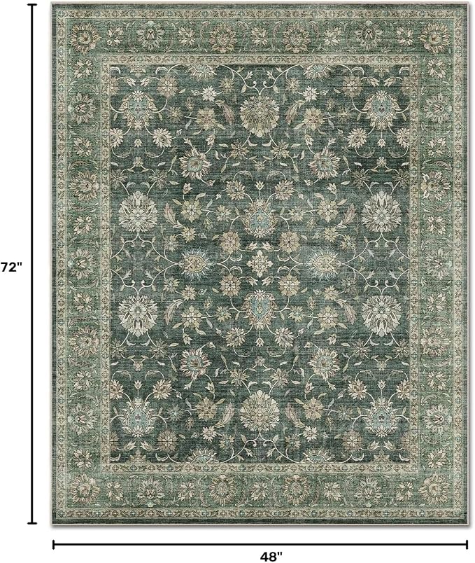 Washable 4x6 Rugs, Boho Vintage Non-Slip Distress Rugs, Sage Green | 0.3" Neutral Throw Rugs for Bedroom Kitchen Nursery Living Room, Cushioned Area Rug for High-traffic