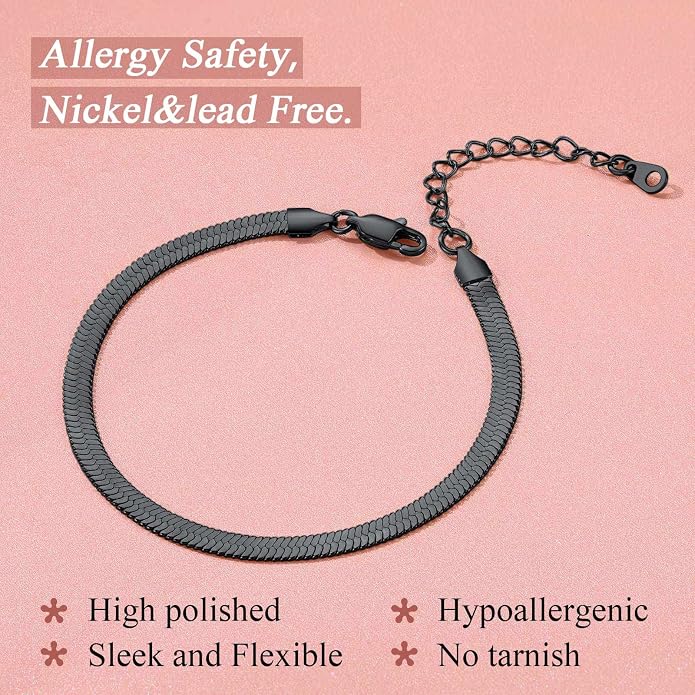 FindChic Elegant Herringbone Snake Chain Anklets/Bracelets 3MM/5MM Width Stainless Steel/18K Gold/Rose Gold Plated/Black 4 Color Options, 8.3'' 8.5'' 10.5'' Length, with Gift Box