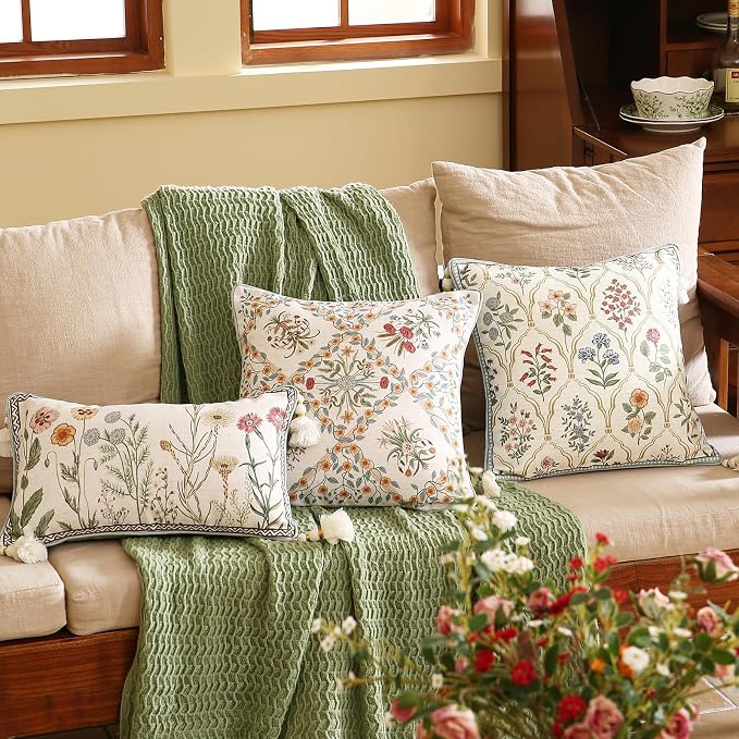 ISAENNE Designer Elegant Linen Throw Pillow Cover,Set of 4-Serenity ABCD | French Cottage Pillow Cover,Concealed Zipper,Floral Pattern,Sofas,Bedroom,Living Room,Lounge Chairs,All Season Home Decor