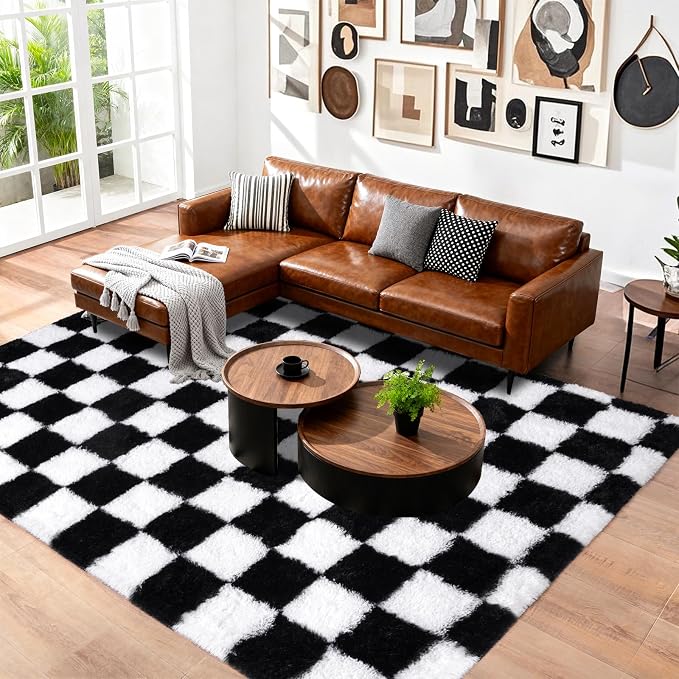 Pionblank 9x12 Area Rug, Large Fluffy Checkered Rugs for Living Room, Shag Rug for Bedroom, Soft Non Slip Shag Carpet for Kids Room Nursery Home Decor, Black and White