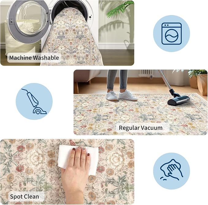GarveeHome Washable Runner Rug 2x6, Non Slip Floral Kitchen Runner for Hallway Entryway Beige Laundry Bathroom Mat Farmhouse Thin Stain Resistant Carpet for Bedroom Beside Rug