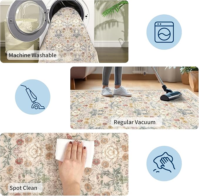 GarveeHome Beige Washable Area Rug 5x7, Retro Floral Low Pile Non Slip Living Room Rug Soft Cottage Core Rug Farmhouse Indoor Carpet for Bedroom Dining Room Playroom