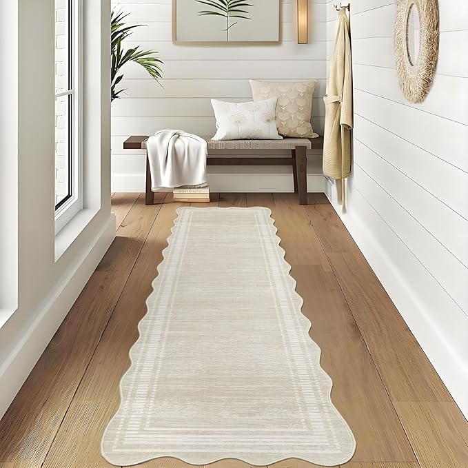 Washable Runner Rug 2x6 Modern Solid Scalloped Kitchen Runner Mat Minimalist Plain Long Runner Rug for Entryway Bedroom Bedside Non Slip Low Pile Boho Accent Solid Runner Rugs for Nursery, Ivory | Modern Long Runner Rug for Entryway Bedroom, Non Slip L...