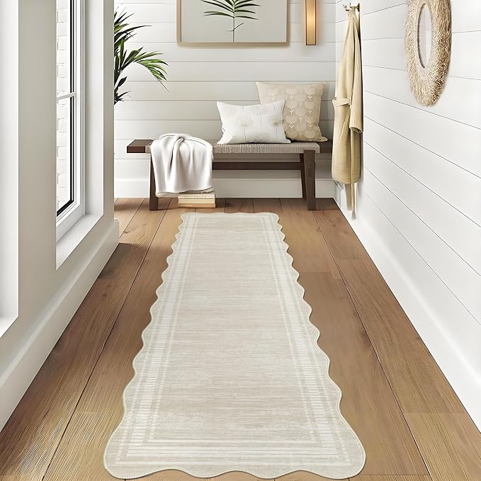 Garvee Washable Runner Rug 2x8 Scalloped Bathroom Rug Non-Slip Runner Rugs for Kitchen Bathroom Laundry Room Solid Floor Carpet Runners for Hallway Entryway, Beige | Modern Long Runner Rug for Entryway Bedroom, Non Slip Low Pile Solid Runner Rugs for E...