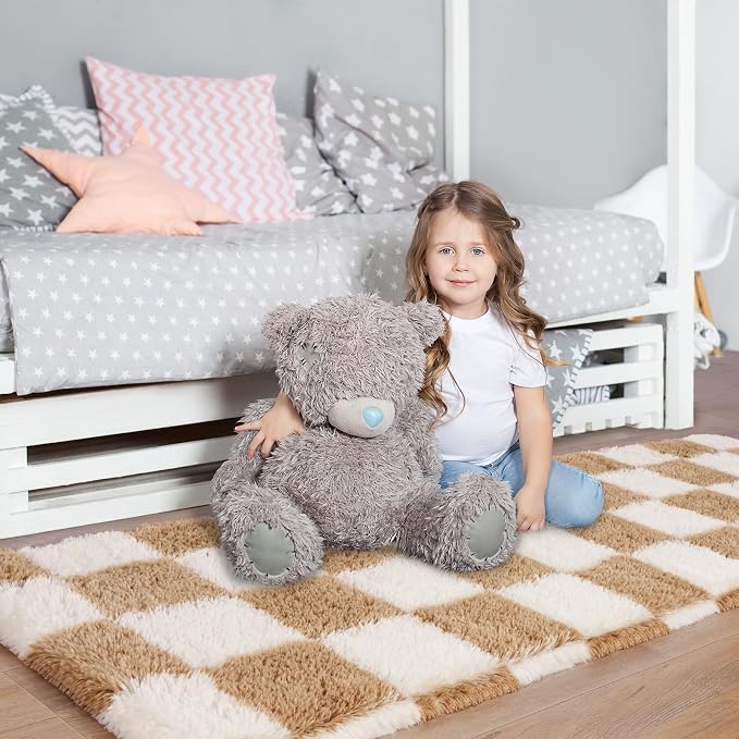 Pionblank Checkered Rug for Bedroom 2x6, Fluffy Runner Rugs for Living Room, Super Soft Shaggy Bedside Carpet for Kids Room Nursery Teens Dorm Decor, Beige and Cream White