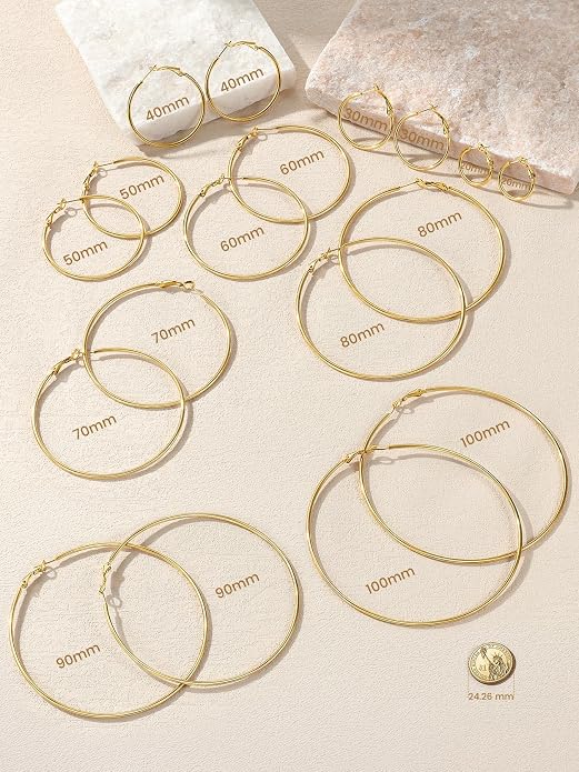 KeyStyle Gold Hoop Earrings for Women, Stainless Steel Hoops Earring Lightweight Loops, 2 mm Thick Hypoallergenic Circle Endless Thin Hoop (20/30/40/50/60/70/80/90/mm)
