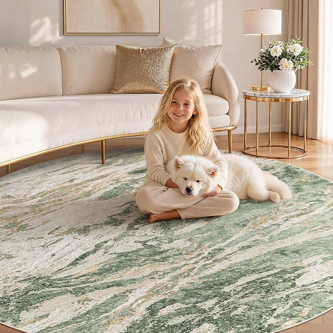 Area Rugs for Living Room: 6ft Round Abstract Washable Rug Modern Neutral Large Soft Stain Resistant Non-Slip for Bedroom Dining Room Indoor Home Office Carpet - Green Brown