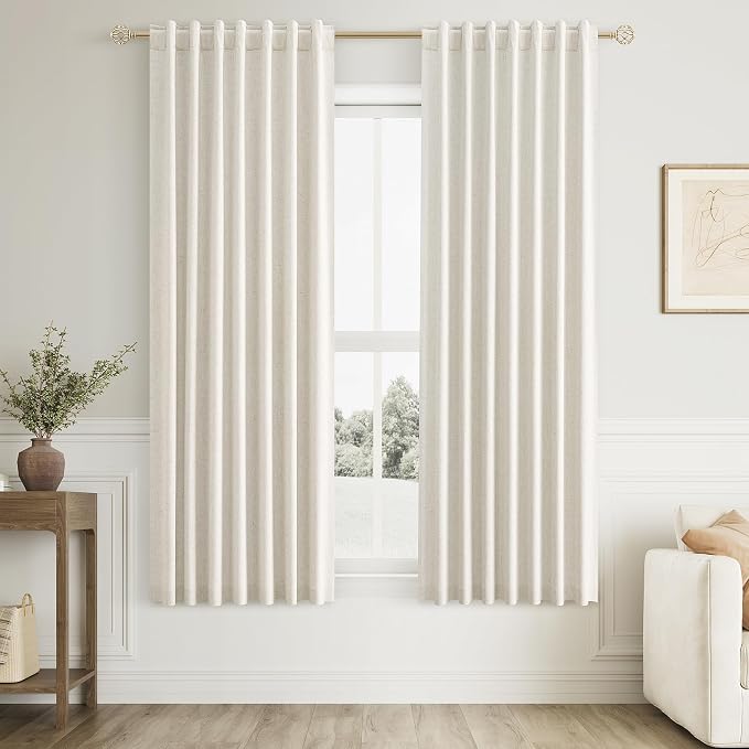 Guken 100% Blackout Linen Curtains for Bedroom 63 Inches Long Natural Cream Black Out Curtain Back Tab Thermal Insulated Room Darkening Window Drapes for Living Room 2 Panels Beige Ivory 52x63