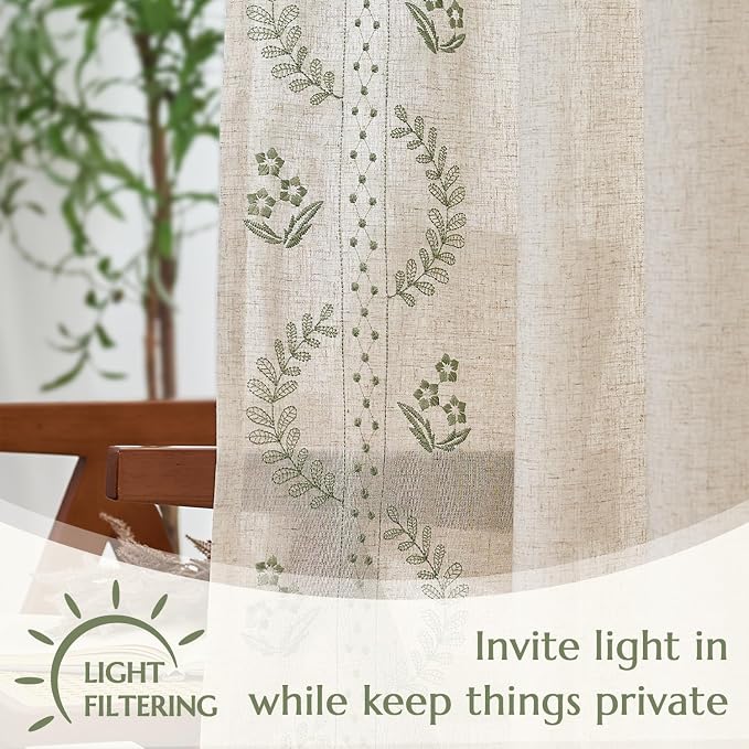 jinchan Floral Linen Curtains 90 Inch Back Tab 2 Panels Sage Green | Embroidered curtains,boho curtains,living room,bedroom,light filtering,privacy,flower patterned drapes,window treatment