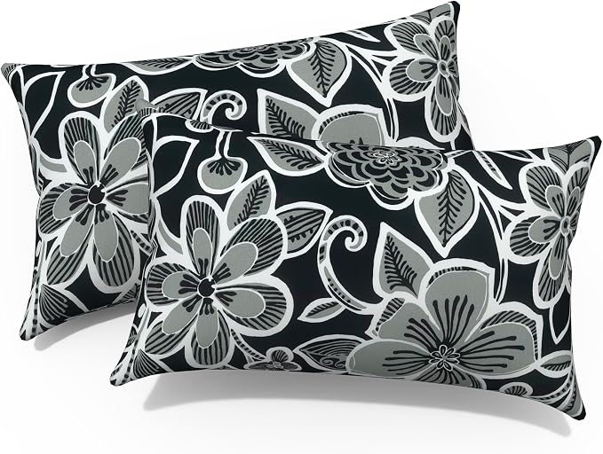 Outdoor Lumbar Pillows, Water Repellent Cushion Pillows 12x20 Inch, Outdoor Pillows with Inserts for Home Garden, Pack of 2, Flower Black
