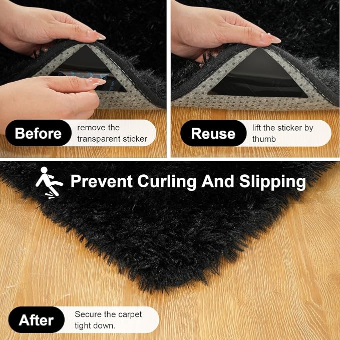 Black Rugs for Bedroom, 2x3 Fluffy Area Rugs for Living Room, Small Fuzzy Shag Soft Carpet with 4 Non-Slip Adhesive Strips for Kids Boys and Girls Nursery Dorm Room Home Decor (2ft X 3ft)