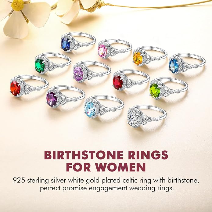 DAYBYDAY Celtic Birthstone Rings for Women 925 Sterling Silver Heart/Round/Pear/Oval Created Gemstone Moissanite Halo Engagement Promise Rings for Her Wife Birthday Anniversary Wedding Jewelry