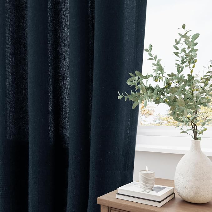Navy Blue Pinch Pleated Linen Curtains 108 Inches long for Living Room 2 Panels Set Flax Pleat Drapes Back Tab Semi Sheer Neutral Boho Ceiling to Floor 108 Inch Curtains for Bedroom Window 9 FT 40x108