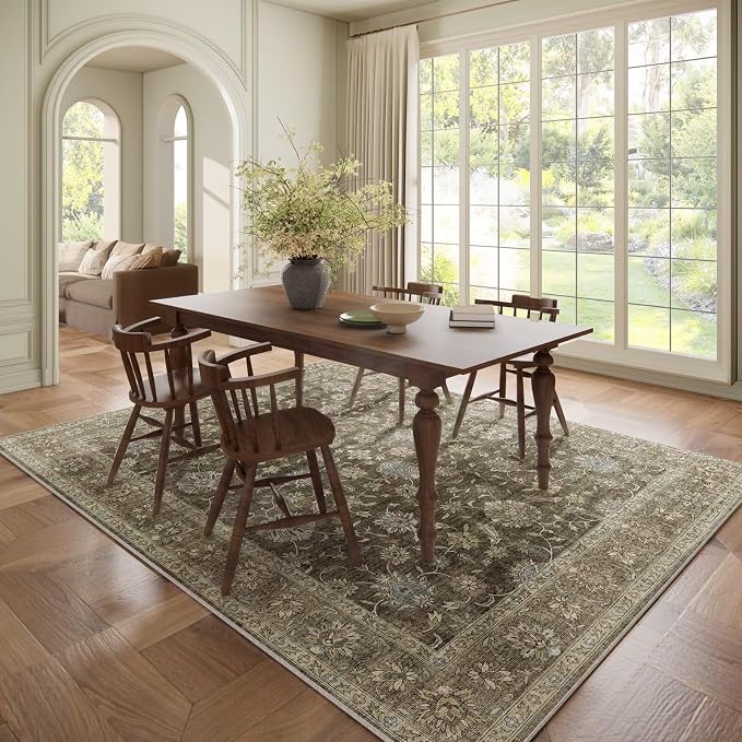 Boho Washable 6x9 Area Rugs for Living Room, Cushioned, Tan/Flaxen | Vintage Non-slip Neutral Oriental Rugs for Bedroom Dining Room Nursery Office High Traffic Area
