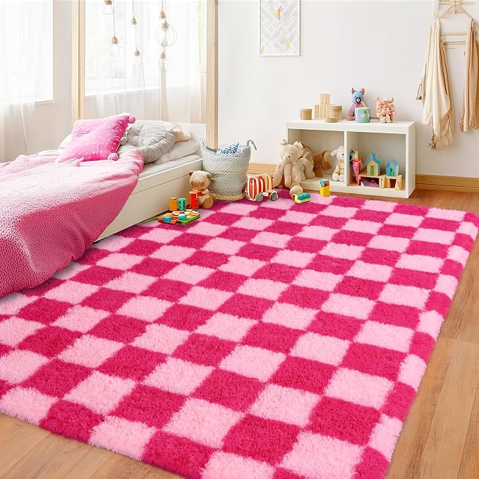 Pionblank Fluffy Area Rug for Bedroom 4x6, Modern Indoor Shag Carpet, Soft Plush Non Slip Checkered Rugs for Living Room Kids Room Home Decor, Hot Pink