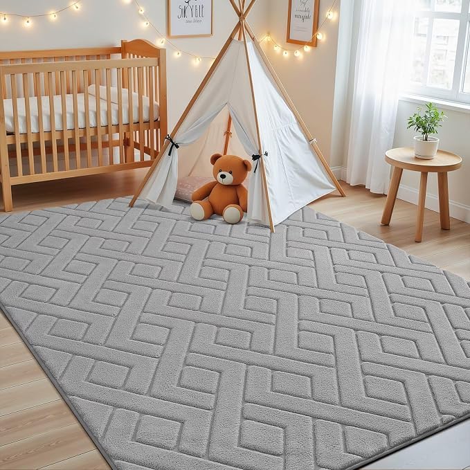 Macgace Ultra Soft Grey Area Rug for Living Room, 5x7 Modern Geometric Shag Rugs with Nonslip Backing for Bedroom, Washable Fuzzy Carpet for Cozy Kids Room