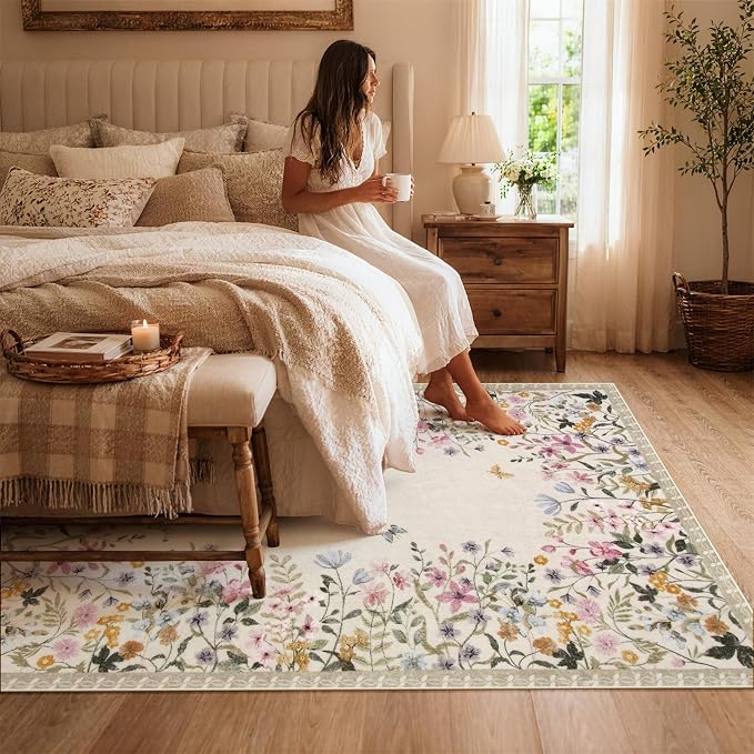 Wonnitar 5x7 Area Rug for Living Room, Floral Washable Rug for Bedroom, Boho Botanical Nursery Rug, Non Slip Soft Farmhouse Carpet, Beige Kids Playroom Decor (5x7 Beige)
