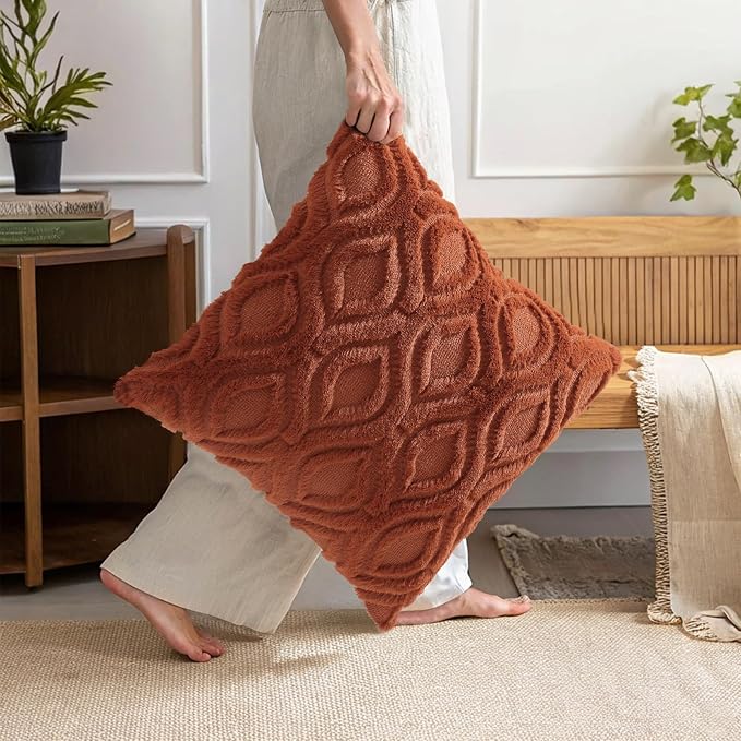 decorUhome Rust Faux Fur Soft Throw Pillow Covers 16X16 Set of 4 | Fall Neutral Decorative Plush Couch Pillow Covers, Accent Modern Farmhouse Neutral Pillow Cases for Sofa Bed Living Room