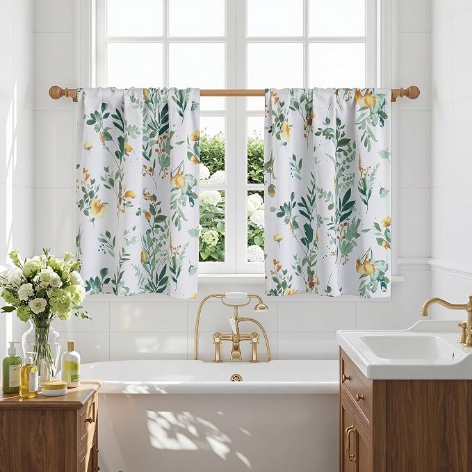 MYSKY HOME Floral Kitchen Tier Cafe Curtains 36 Inch Length 2 Panels Privacy Small Window Treatments Rod Pocket for Bathroom Basement, Yellow and Green, 30" Wide Each Panel