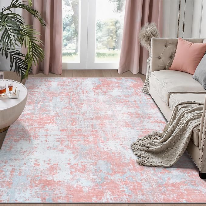 Pink Rug Carpet 6x9 Area Rugs for Bedroom Girls: Washable Modern Rug for Living Room Dining Room Non Slip Low Pile 6 by 9 Indoor Abstract Home Office