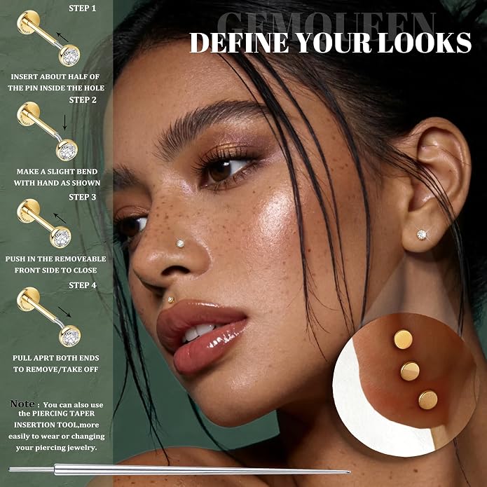 GEMQUEEN 4 Pairs 16G/18G/20G G23 Titanium Implant Grade Nose Studs Threadless Flat Back Earrings Hypoallergenic Flatback 5A CZ Cartilage Helix Tragus Conch Tiny Lip Piercing Jewelry for Women Men
