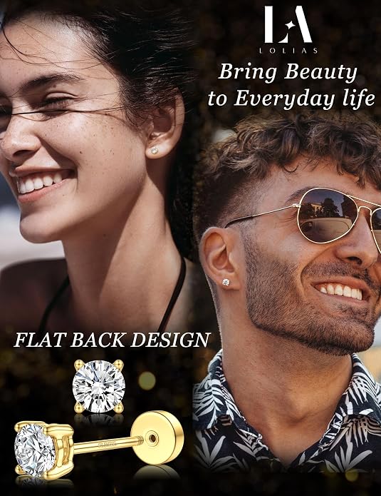 Moissanite Earrings for Men Women：Hypoallergenic Flat Back Earrings 925 Sterling Silver Stud Earring Small D Color VVS1 Moissanite 14K White Gold Plated Helix Cartilage Earring Studs Gift Jewelry