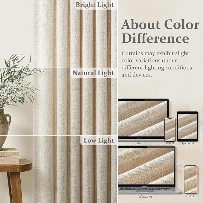 Extra Long 108 Inch Pinch Pleated Natural Living Room Curtains 4 Panels Set, Memory Trained Thick Flax Linen Sheer Light Filtering Privacy Floor Length Luxury Cutain for Bedroom Large Window Drapes