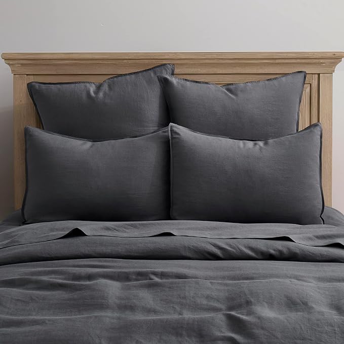 ATLINIA 100% Linen Pillowcases Set of 2, King Size 20" x 36" Pillow Case, Linen Pillow Sham Dark Grey