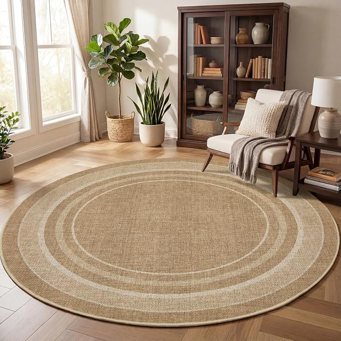 GarveeHome 4ft Easy Jute Round Rug for Living Room Bedroom Circle Rugs | Modern Solid Non Slip Stain Resistant Dining Room Throw Carpet Indoor Round Area Rugs for Kitchen Nursery Entryway Dorm, Jute