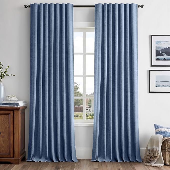MIULEE 100% Blackout Linen Curtains for Bedroom 42 x 96 Inch Blue 2 Panels | Thermal Insulated, Room Darkening Drapes for Living Room, Back Tab Rod Pocket Pinch Pleated, Solid Luxury Decor