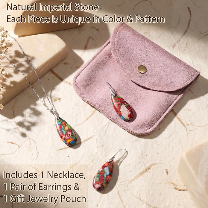 Kingdder Natural Stone Jewelry Set for Women Imperial Healing Stone Necklace Colorful Teardrop Dangle Earings Boho Jewelry