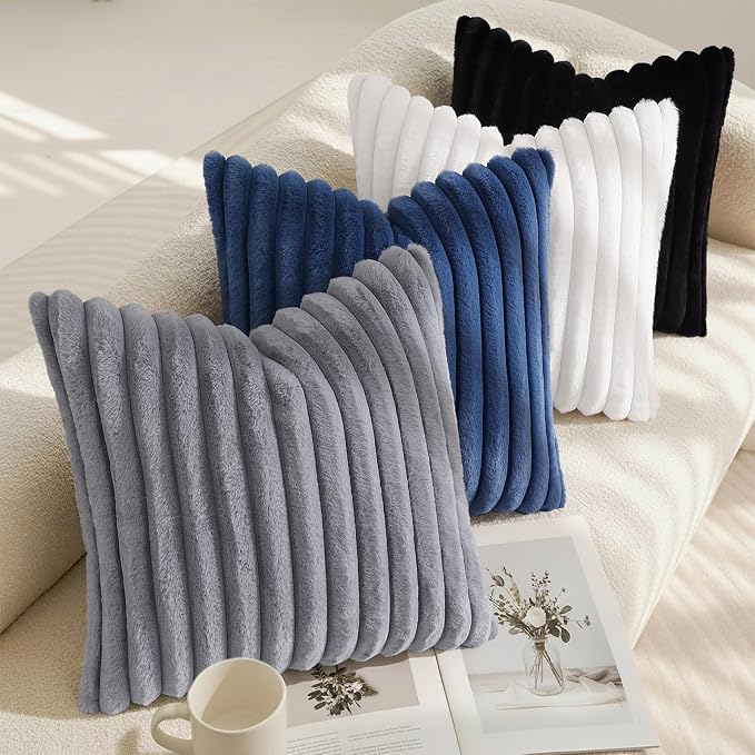 decorUhome Fall Faux Fur Throw Pillow Covers 18x18 Set of 2 Navy Blue | Decorative Soft Cozy Striped Plush Modern Farmhouse Boho Couch Pillow Cases Velvet Back for Sofa Bed Living Room Home Decor