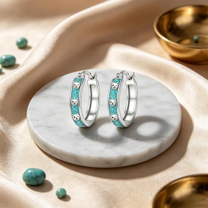 Opal/Turquoise Huggie Earrings 925 Sterling Silver Opal/Turquoise Small Animal Huggie Hoop Earrings Animal Huggies Earring Jewelry Gifts for Women Mom Her