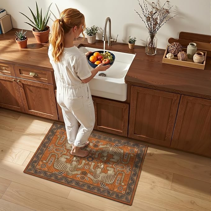 GarveeHome Boho Tiger Entryway Rug, 2x3 Vintage Tribal Washable Front Door Rug Indoor Entrance Animal Carpet Non-Slip Low Pile Throw Rugs for Kitchen Floor, Powder Room, Entry, Bathroom, Kids Room