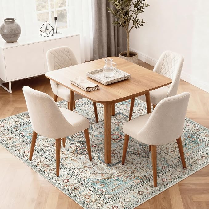 Tortania 8' Square Area Rug Living Room Rugs - Washable Boho Rug Vintage Oriental Distressed Farmhouse Large Thin Indoor Carpet for Bedroom Under Dining Table Home Office - Aqua Multi