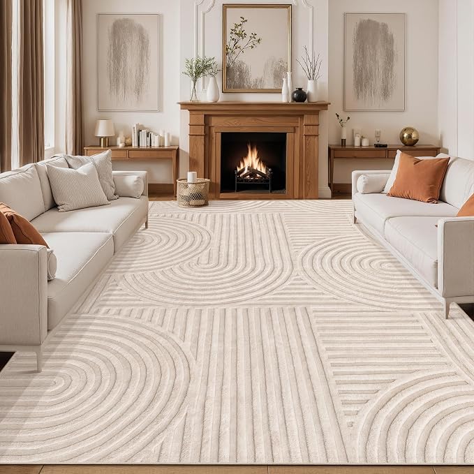 Ciicool 8x10 Large Area Rug for Living Room,Beige Washable High-Low Pile | Modern Soft Textured Non Slip Plush Carpet Stain Resistant Non Shedding Geometric for Bedside Bedroom Kitchen Indoor Decor
