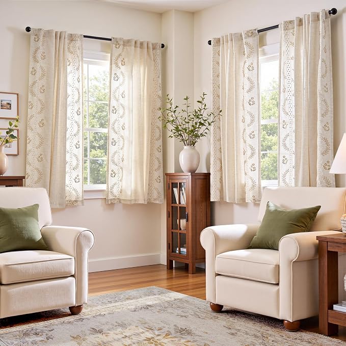 jinchan Floral Linen Curtains 63 Inch Farmhouse Back Tab 4 Panels Beige | Embroidered curtains,boho curtains,living room,bedroom,light filtering,privacy,flower patterned drapes,window treatment