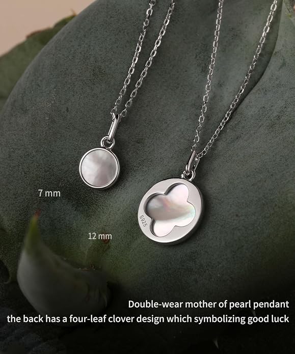 S.Leaf Sterling Silver Pearl Necklace for Women Gold Plated Double-sided Mother of Pearl Four Leaf Clover Shell Necklace Dainty Pendant Necklaces Gift for Women Her Mother Daughter Bridesmaids