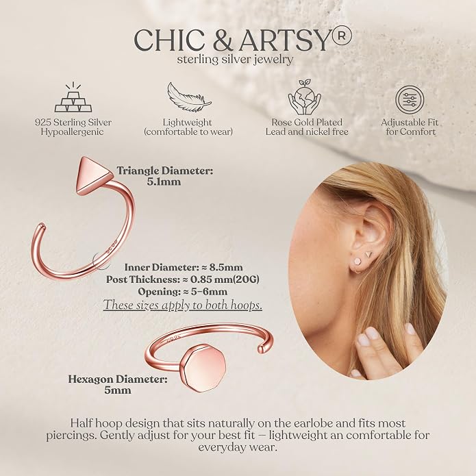 CHIC & ARTSY 925 Sterling Silver Half Hoop Earrings for Women, Small Huggie Hoops Set with Ball Bar Star Moon Cross & Pearl, Lightweight Comfort Fit Everyday & Sleep Earrings