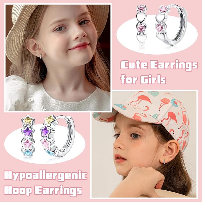 THUNARAZ Hypoallergenic Earrings for Girls Women Surgical Stainless Steel Earrings Set for Sensitive Ears Screw Back Stud Earrings Kids Toddler Cute Heart Hoop Earrings Jewelry Gift for Teen Girls