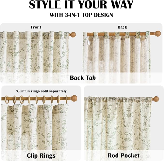 Lazzzy Green Floral Linen Curtains 63 Inch Farmhouse Back Tab Drapes for Living Room Bedroom Light Filtering Vintage Grandmillennial Rod Pocket Curtains, 2 Panels, W38 x L63, Green on Beige