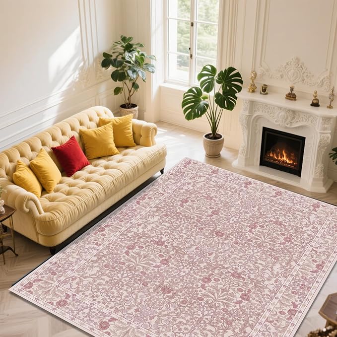 Vintage Pink Living Room Rug, 8x10 Washable Area Rugs for Dining Room Under Table, Soft Low Pile Large Carpet Bedroom, Non-Slip Boho Floral (8 x 10 Pink)