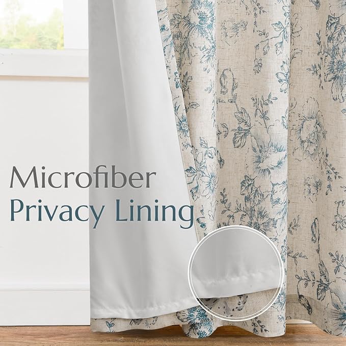 jinchan Blue Floral Linen Curtains Lined 84 Inch Vintage Back Tab 2 Panels | Privacy lining, light filtering drapes, vintage, cottagecore, french country, rustic, bedroom, living room, window treatment